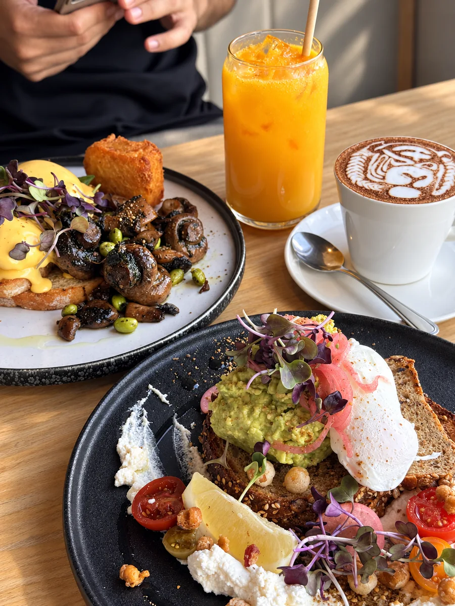 Brunch plates with avocado toast, mushrooms, coffee and orange juice