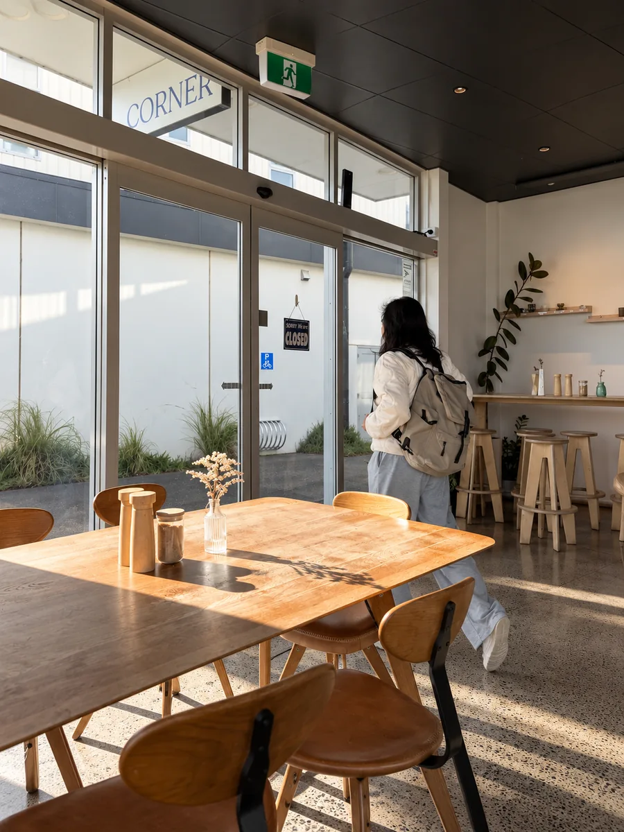The Corner Cafe dining room with shared tables and a customer