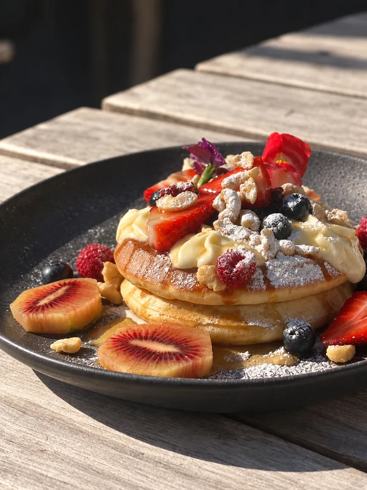 Fruit pancake with cream and berries